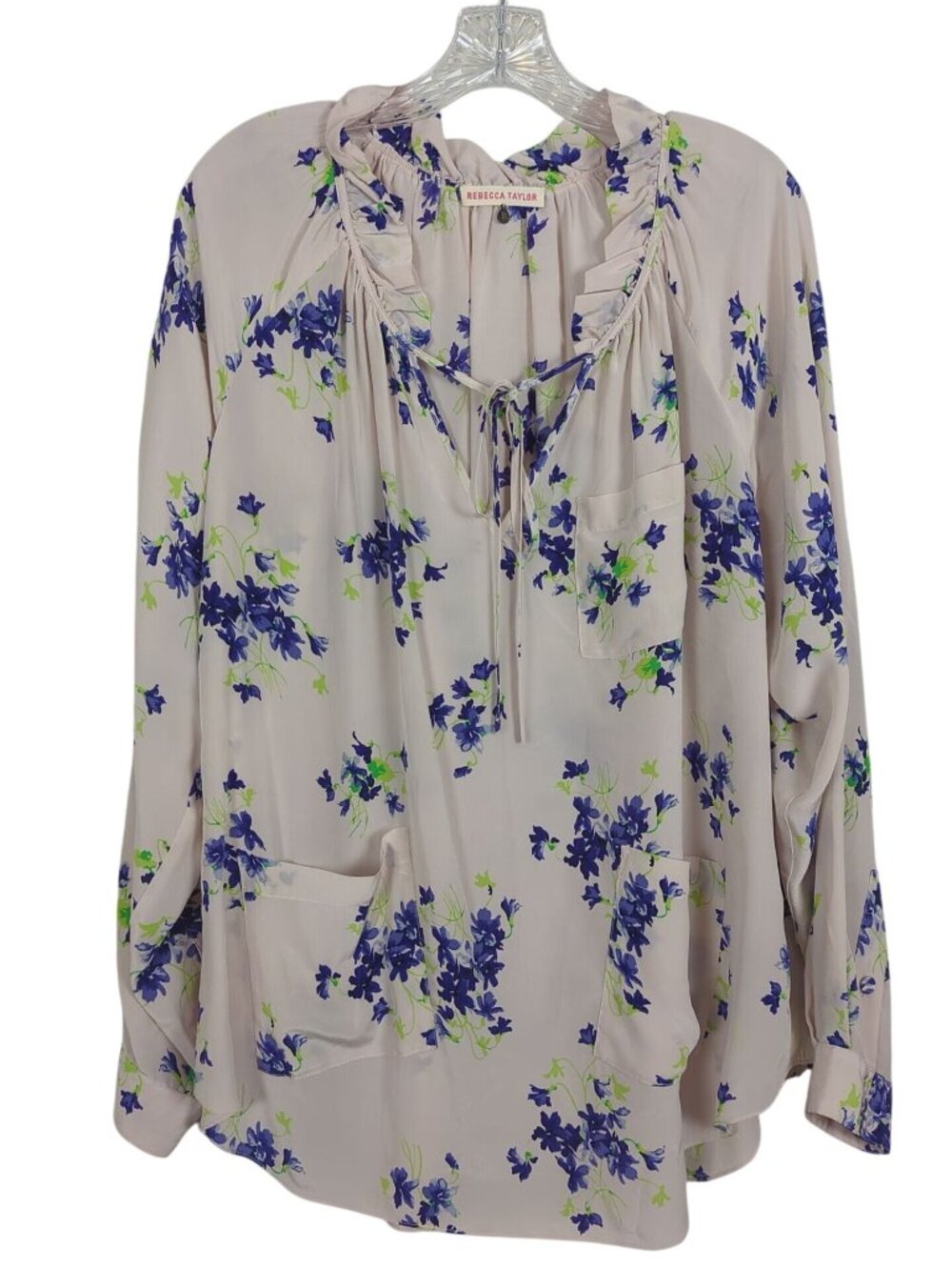Rebecca Taylor Blouse Womens 8 Purple Floral V Neck Silk Tunic Top Patch Pockets